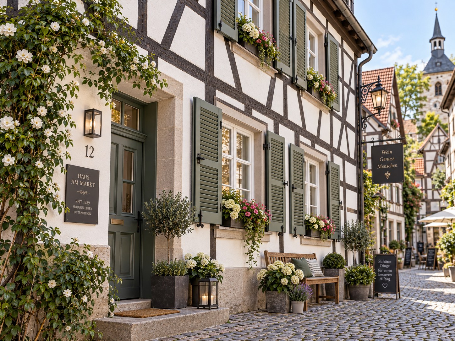 Grüne Klappläden an modernisiertem Fachwerkhaus in einer Altstadtgasse