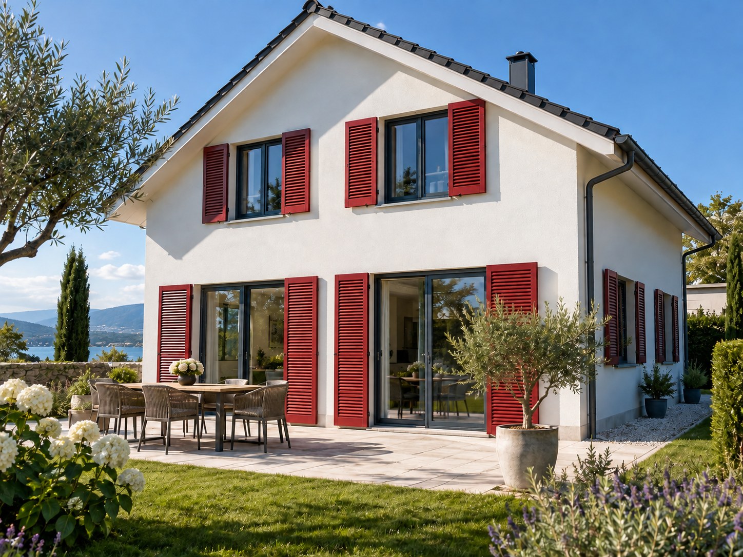 Modernes weißes Wohnhaus mit roten Lamellen-Klappläden an Fenstern und Terrassentüren