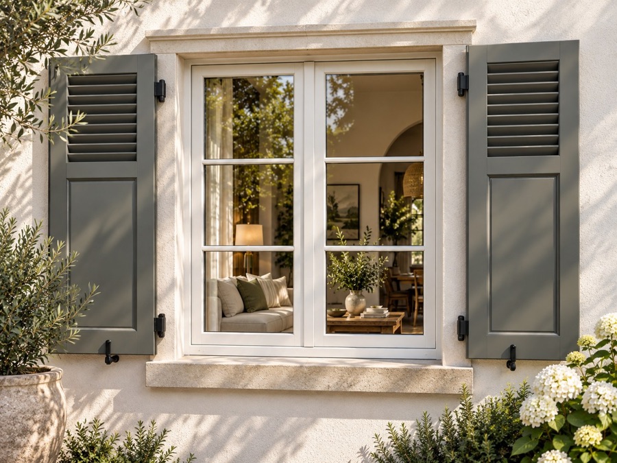 Anthrazitfarbene Aluminium-Klappläden mit Lamellenfeld an weißem Sprossenfenster und Naturstein-Fensterbank