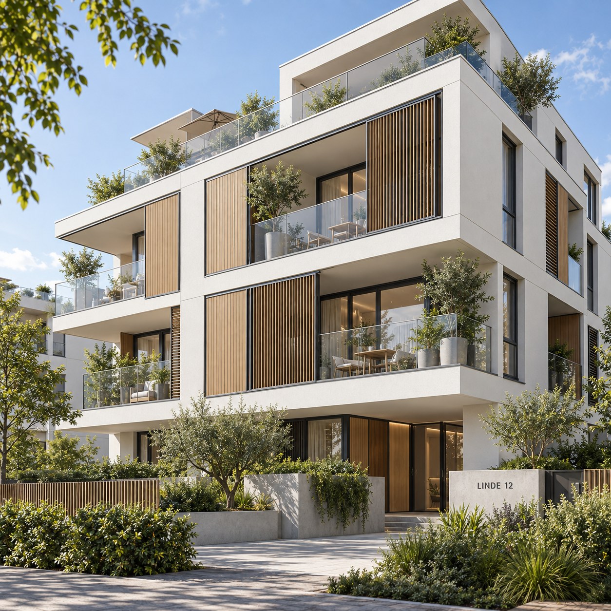 Moderne mehrgeschossige Wohnanlage mit großformatigen Schiebeläden und Glasbalkonen