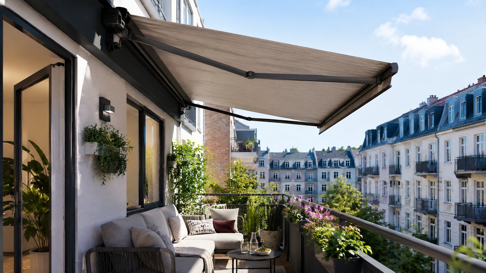 Balkon mit Markise und Ausblick