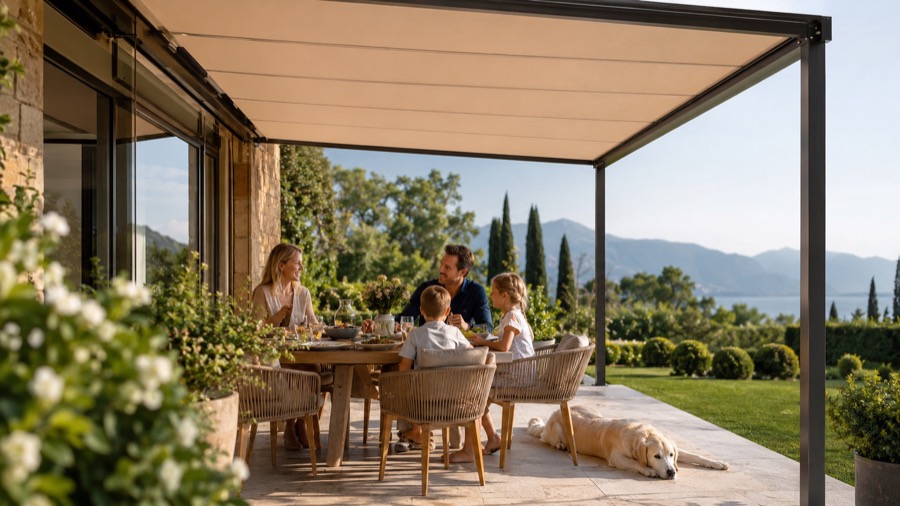 Familie auf einer Terrasse mit Blick auf den Bergsee