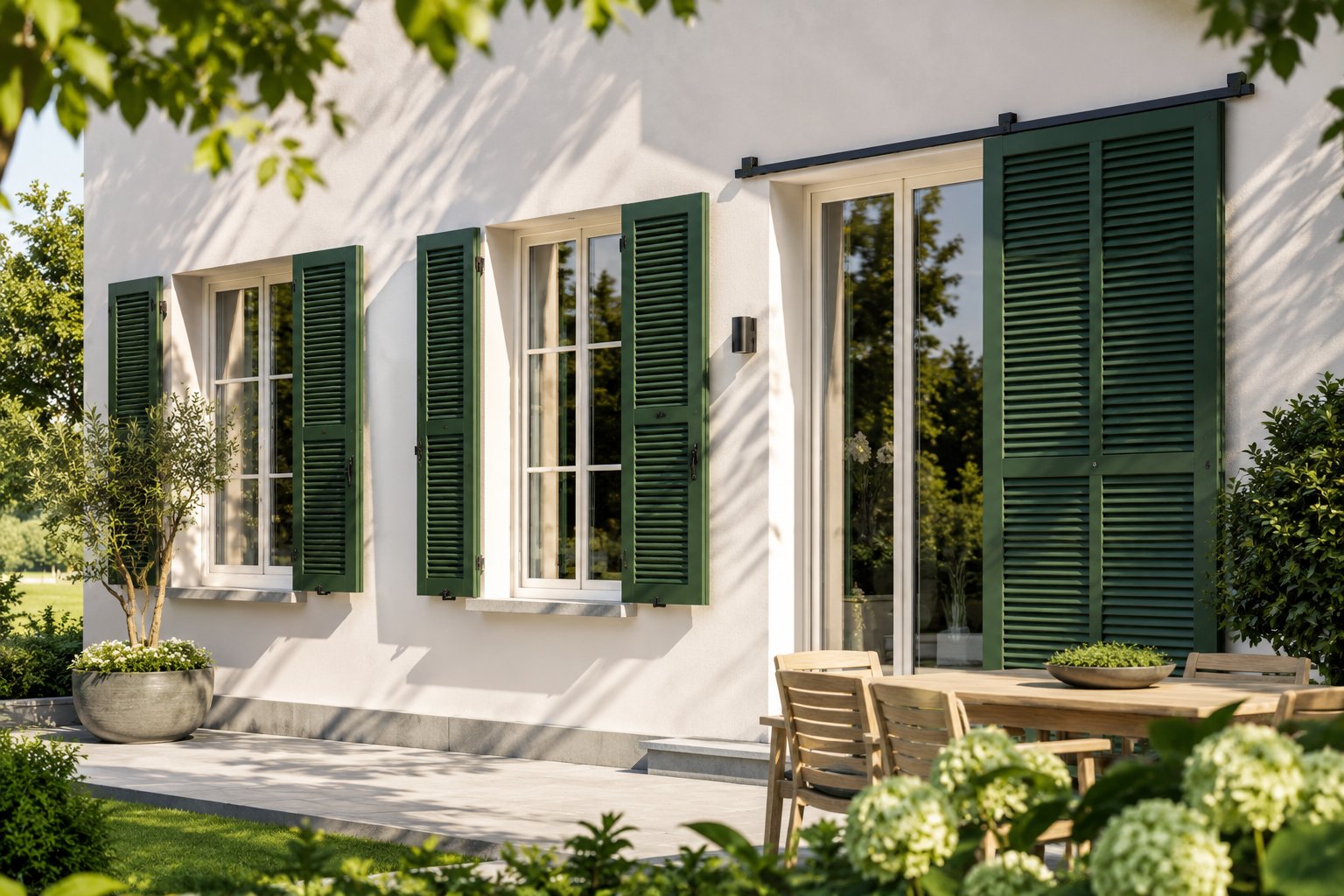 Fassade mit Klappläden und Schiebeläden