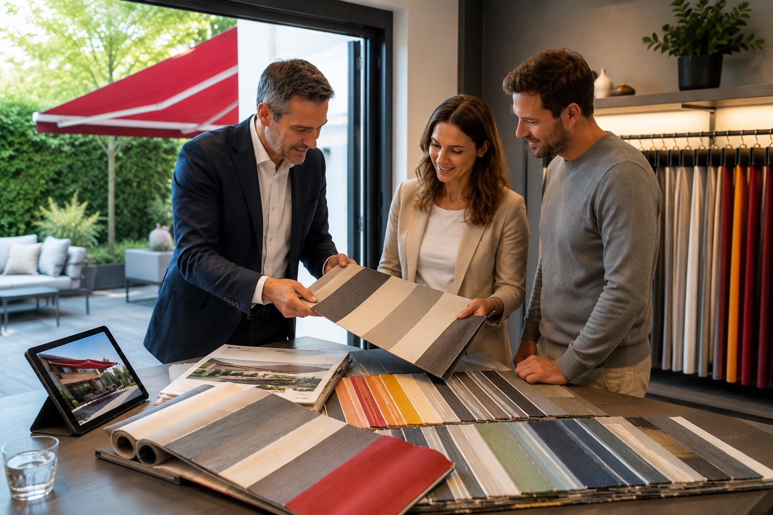 Innenarchitekt berät ein Paar anhand von Stoff- und Farbmustern für die passende Sonnenschutz-Ausstattung