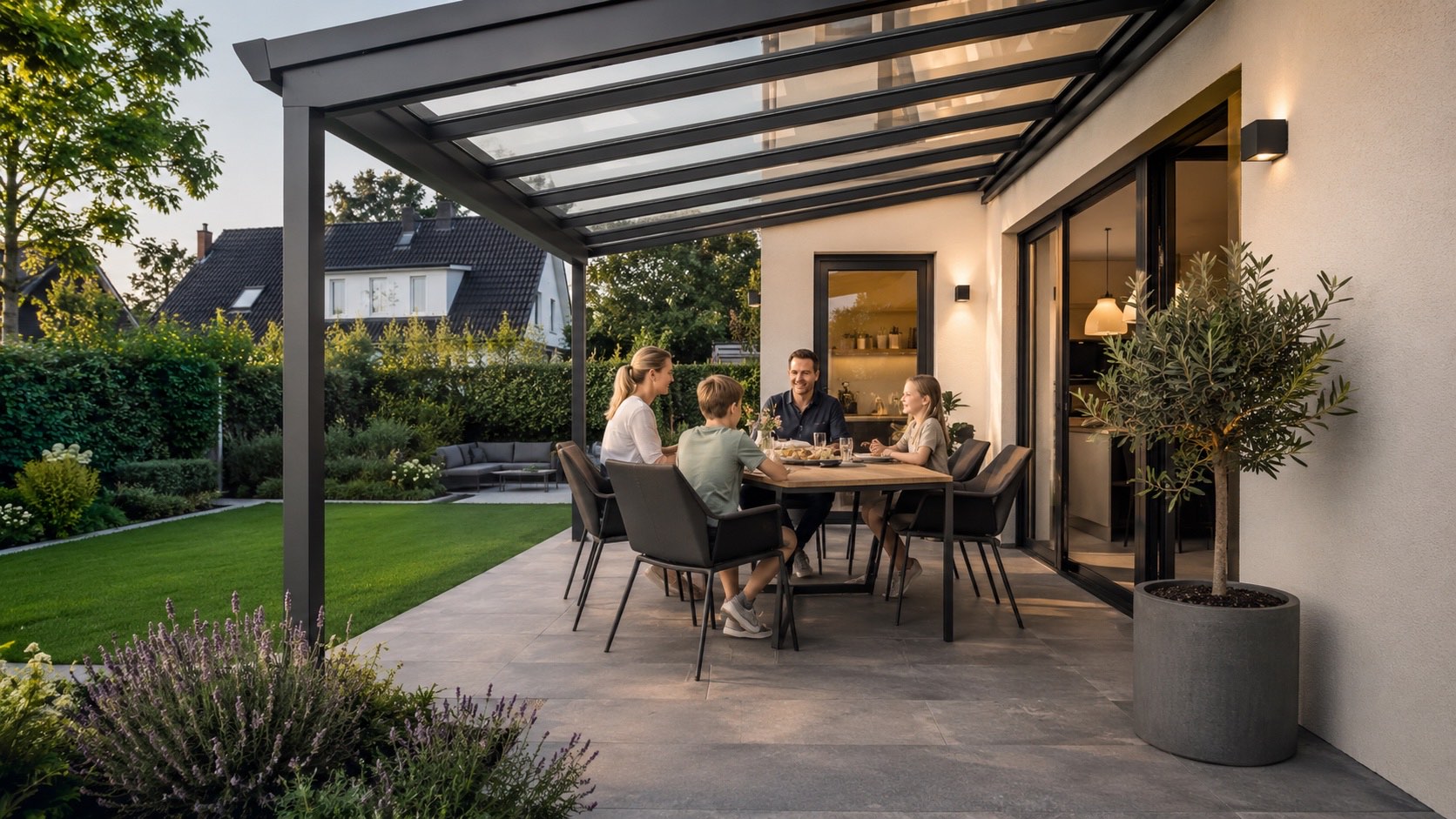 Familie beim Abendessen unter einem Glas-Terrassendach mit filigranem Aluminiumrahmen bei Abendlicht