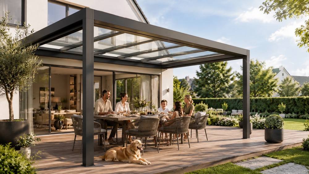 Familie mit Hund unter einem kubischen Glas-Terrassendach