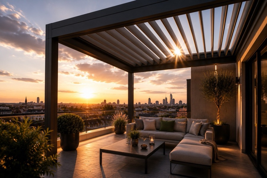 Lamellendach auf einer Dachterrasse mit Skyline bei Sonnenuntergang