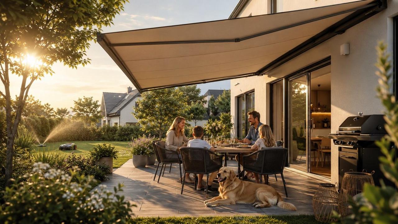 Markise an einem Reihenhaus mit angrenzender Terrasse