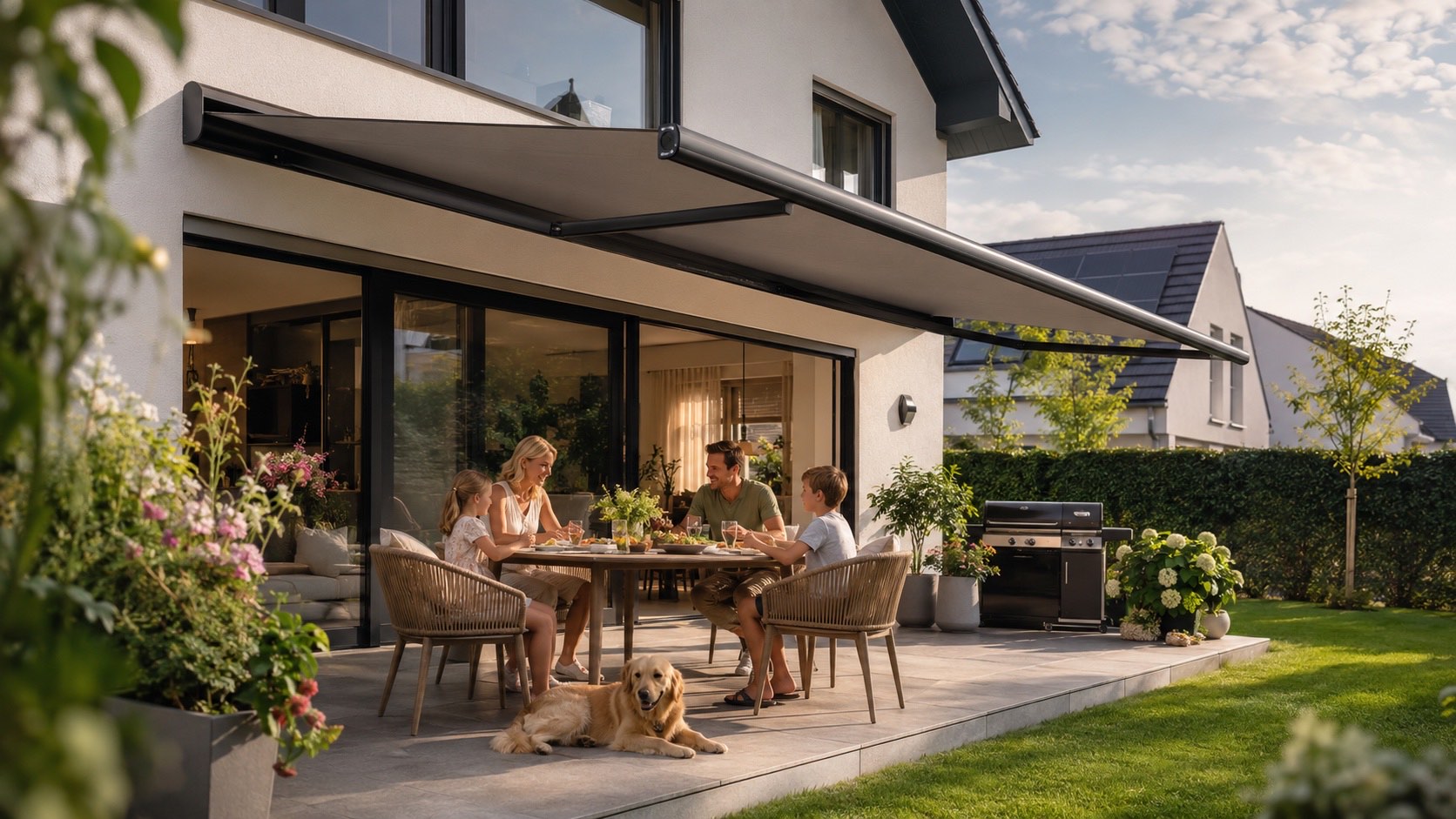 Vollkassettenmarkise mit geschlossenem Gehäuse auf einer Terrasse