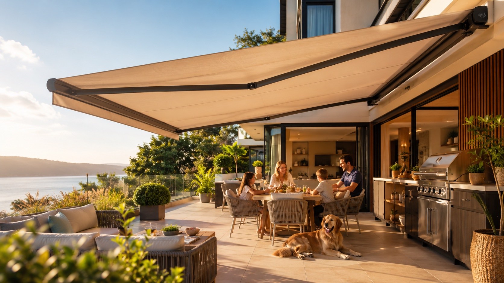 Markise über einer privaten Terrasse mit Familie, Hund und Seeblick