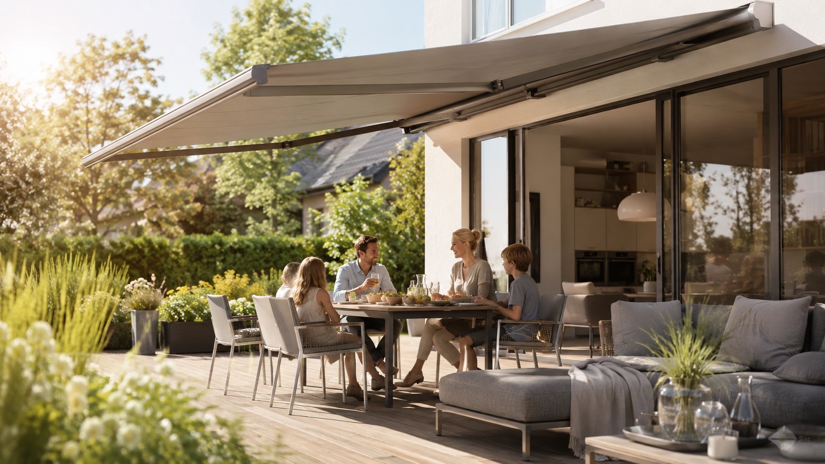 Gelenkarmmarkise am Morgen über einer Terrasse mit gedecktem Frühstückstisch