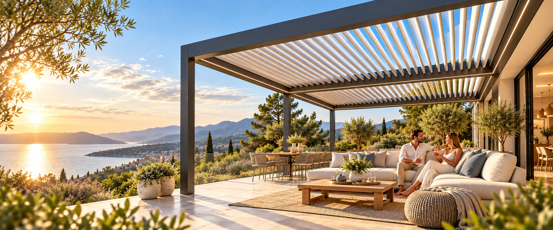 Helle moderne Terrasse mit hochwertigem Lamellendach und großzügigem Outdoor-Living-Bereich