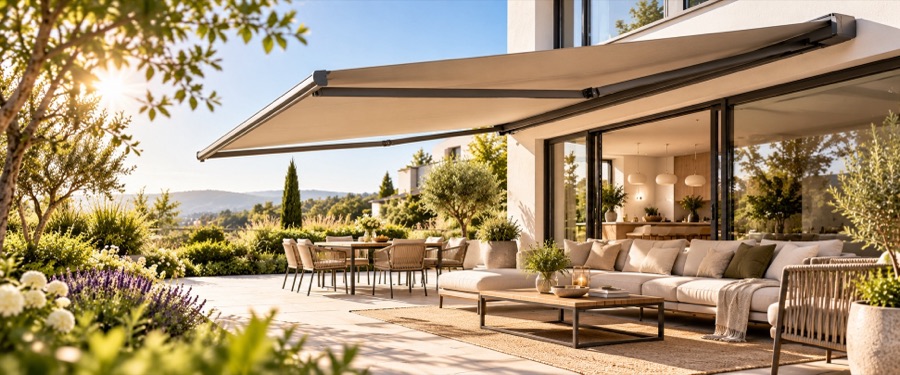 Helle moderne Terrasse mit ausgefahrener Gelenkarmmarkise