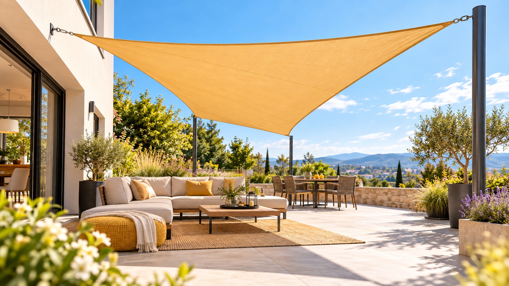 Modernes Sonnensegel über einer hellen Terrasse