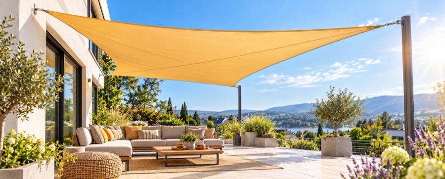 Helles Sonnensegel über einer modernen Terrasse