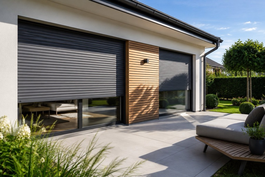 Modernes Wohnhaus mit Rollläden an großen Fensterflächen