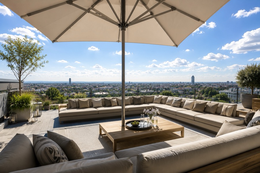 Mittelmast-Sonnenschirm auf einer Dachterrasse mit Stadtblick bei Tageslicht