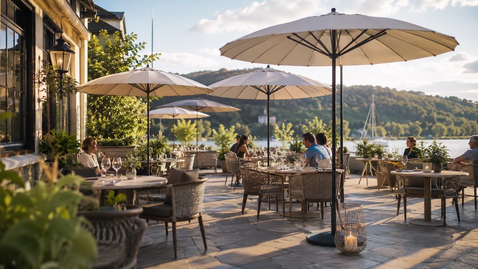 Gastronomieterrasse mit Sonnenschirmen am See