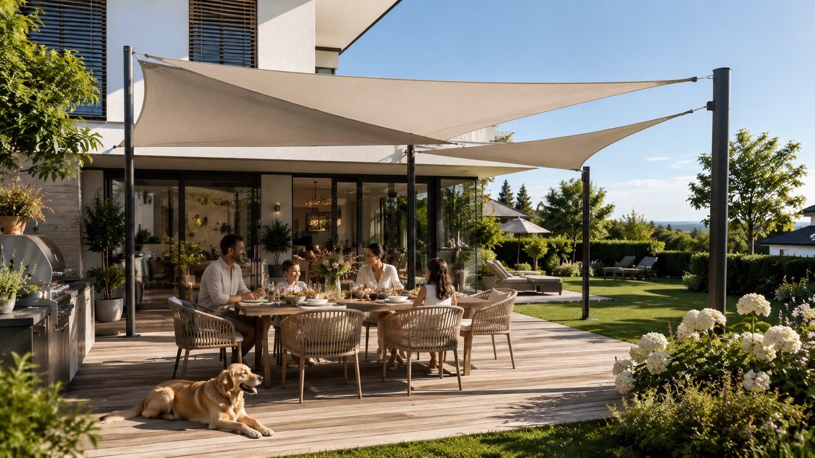 Familie mit Hund und Kindern auf einer Terrasse unter einem individuell geplanten Sonnensegel