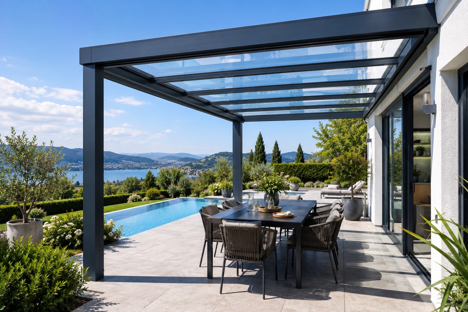 Terrassenüberdachung mit Glasdach über einem Essbereich am Pool