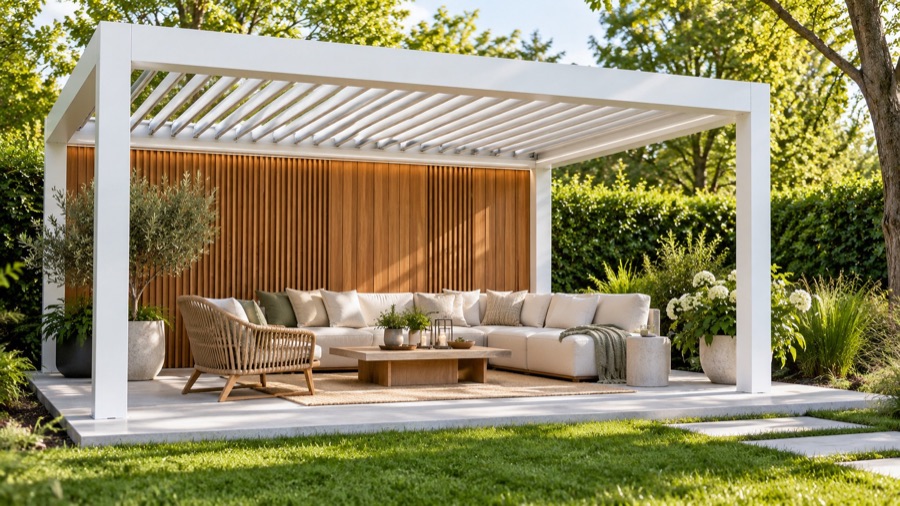 Freistehendes weißes Lamellendach mit Gartenlounge