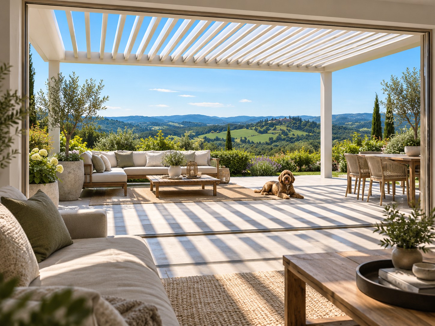 Blick aus dem Wohnraum auf eine Terrasse mit weißem Lamellendach, Sitzbereichen und einem braunen Hund