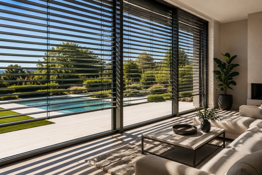 Moderner Wohnraum mit außenliegendem Raffstore und Blick in den Garten