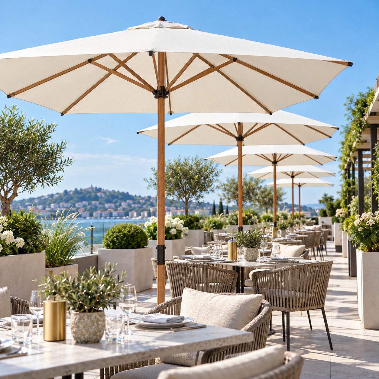Reihe heller Sonnenschirme mit zentralen Holzmasten über gedeckten Tischen einer Restaurantterrasse