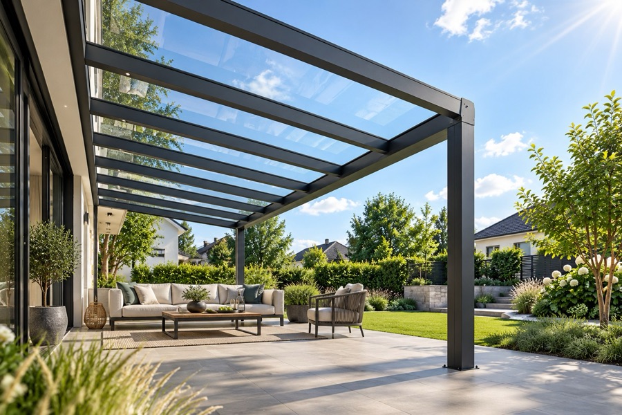 Anthrazitfarbenes Glas-Terrassendach an einer Gartenterrasse