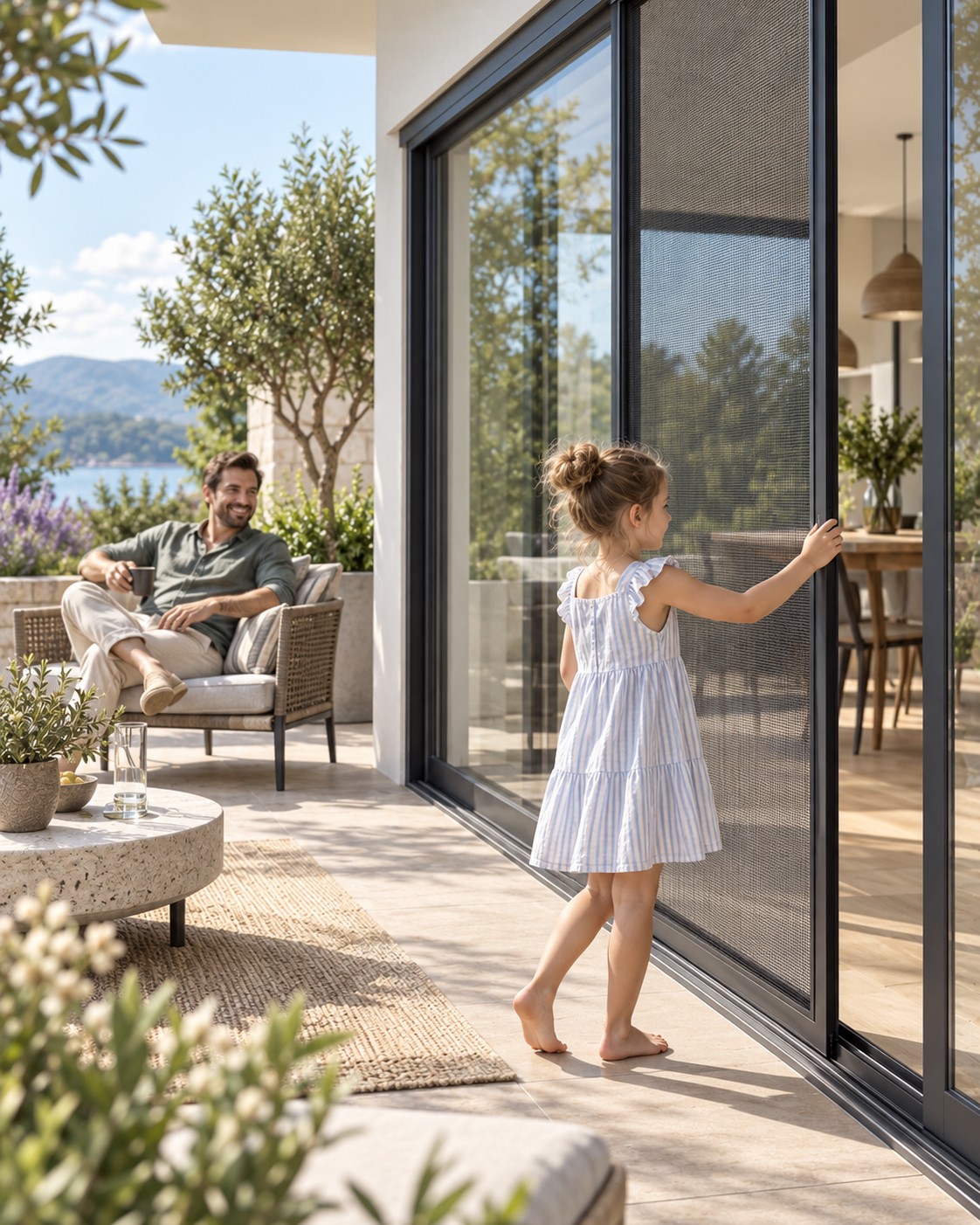 Großflächige Insektenschutz-Schiebetür an einer modernen Terrassentür mit Kind auf der Terrasse