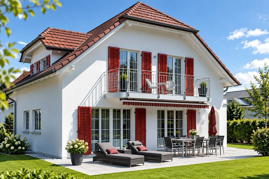 Moderne Wohnanlage mit großformatigen Schiebeläden als Fassadenelement