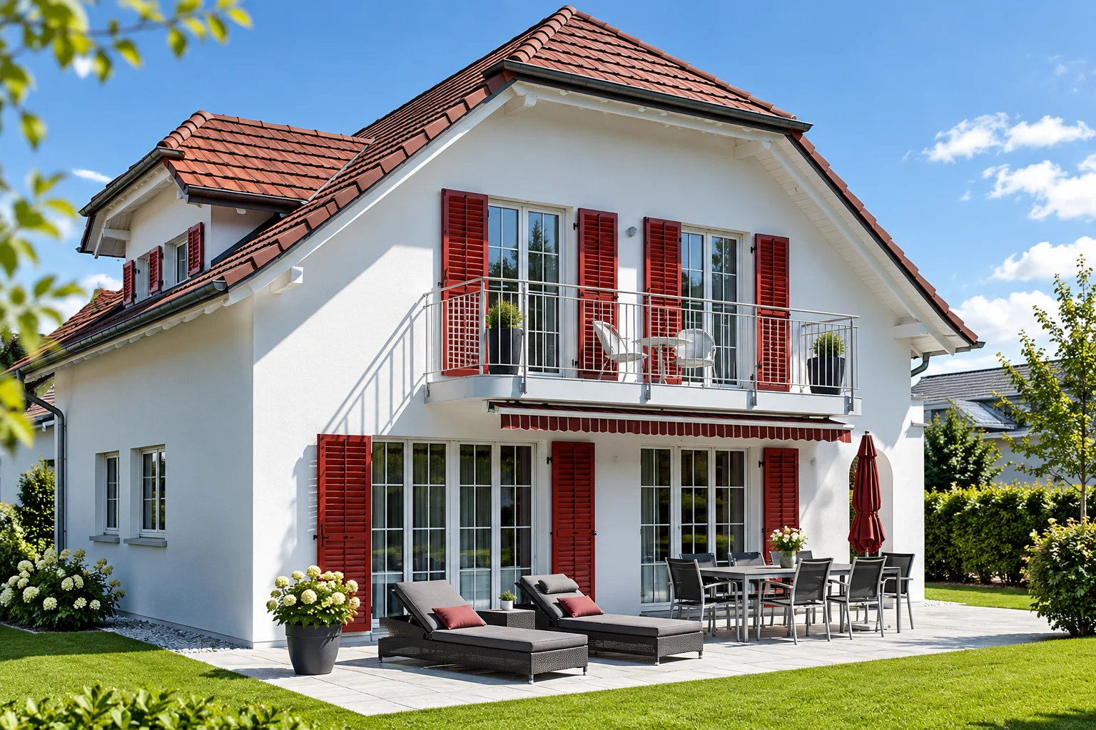 Rote Klappläden an einer hellen Wohnhausfassade