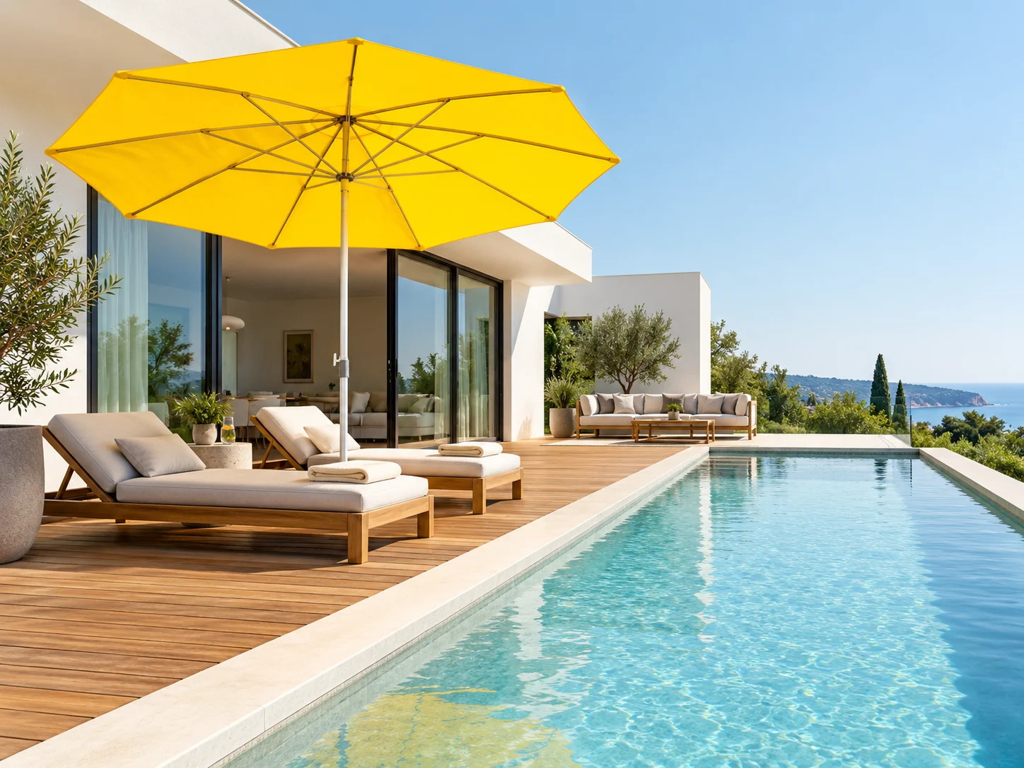Kräftig gelber Mittelstockschirm auf einer hellen Terrasse