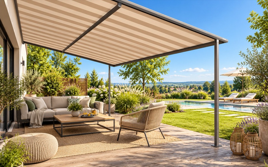 Helle Pergolamarkise über einer großzügigen Terrasse mit Garten und Essbereich