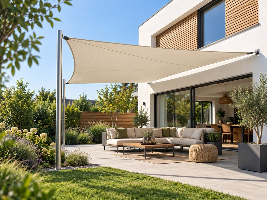 Beiges Sonnensegel an einer weißen Hausfassade und Metallmasten über einer grünen Gartenterrasse