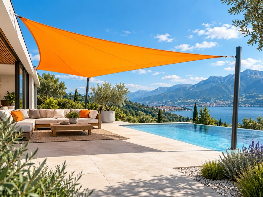 Architektonisches Sonnensegel über einer Terrasse am Pool