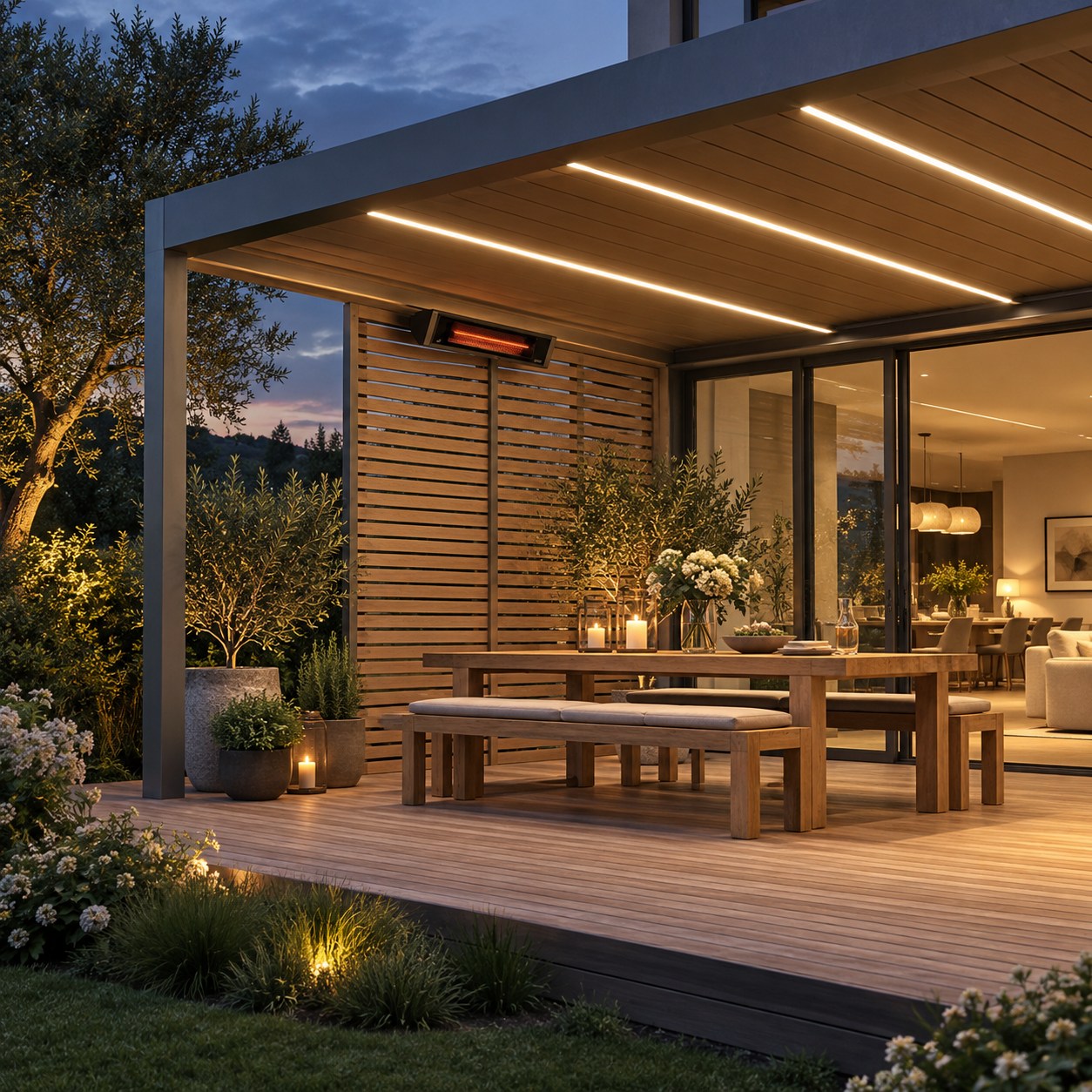 Überdachte Holzterrasse mit integrierten Lichtleisten, seitlichem Lamellensichtschutz und Heizstrahler am Abend