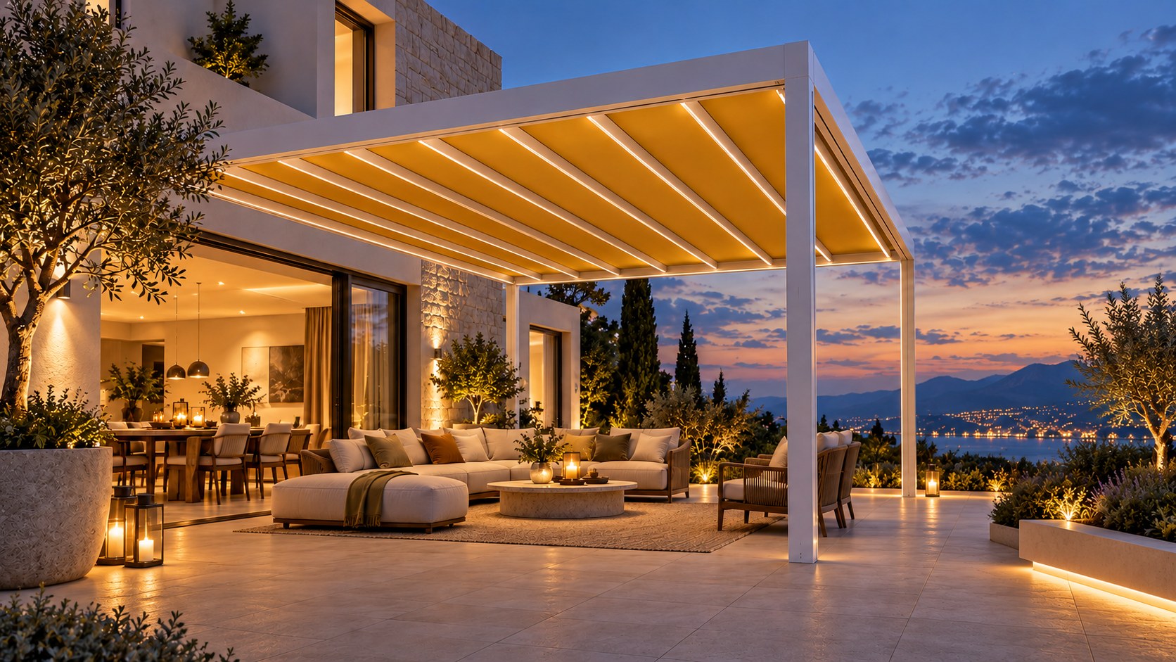 Weiße Pergolamarkise mit warm beleuchtetem goldgelbem Tuch über einer großzügigen Lounge-Terrasse im Abendlicht ohne Pool