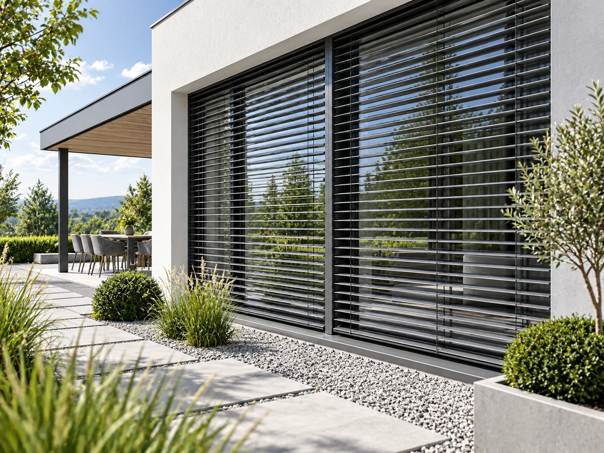 Moderne Hausfassade mit außenliegenden Raffstores