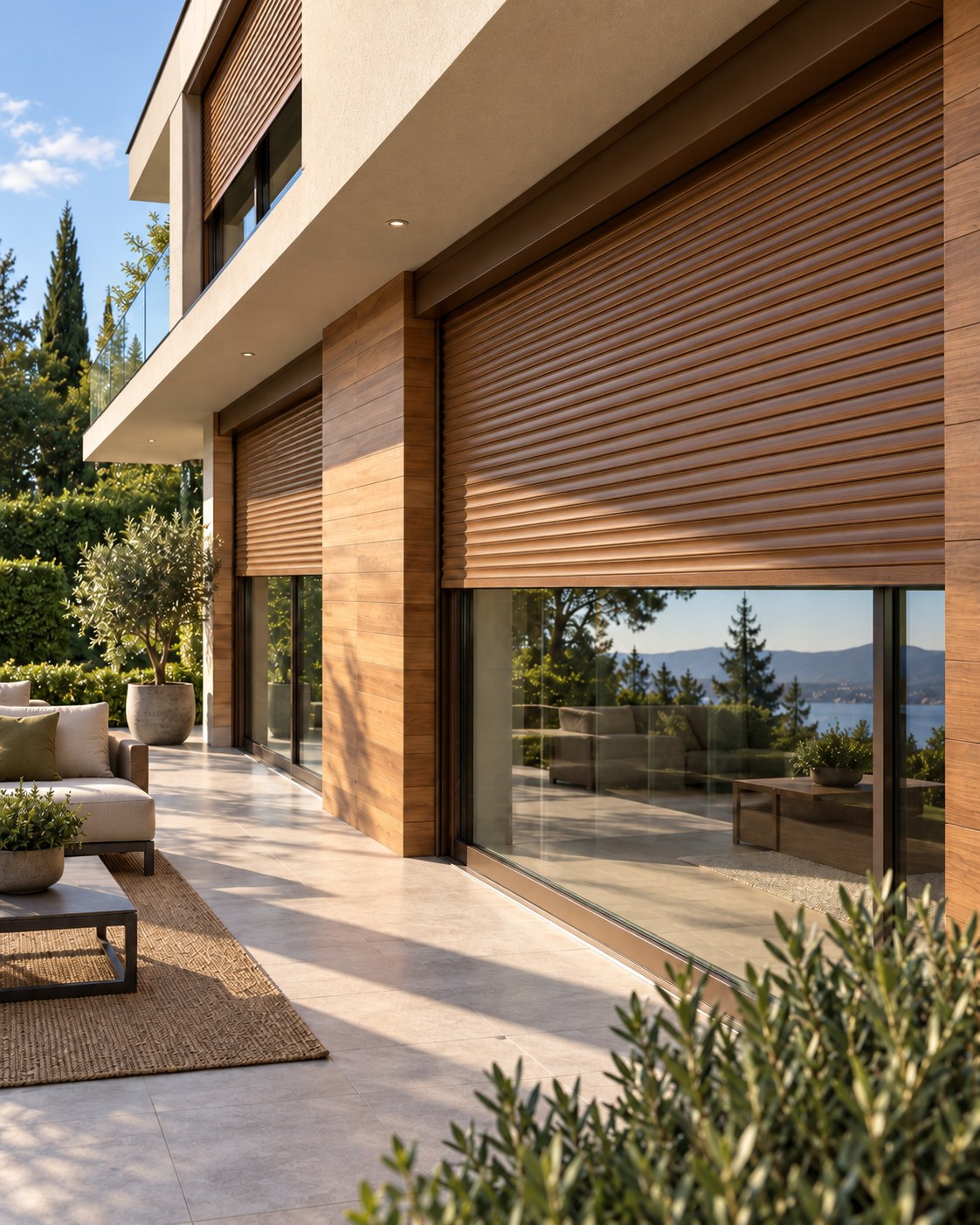 Rollläden in warmem Braunton an großen Fensterflächen einer modernen Terrasse