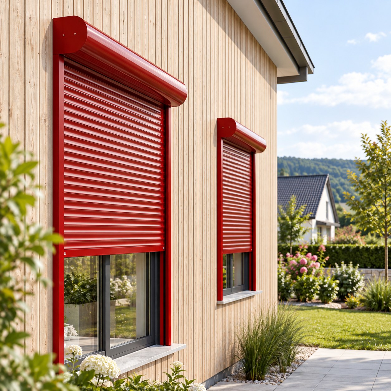 Rote Vorbaurollläden an einer hellen modernen Holzfassade mit Garten