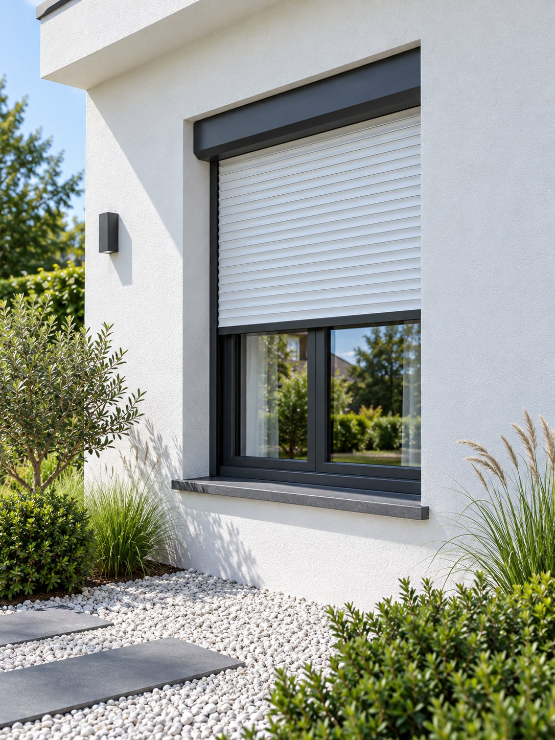 Weißer Rollladen mit dunklem Vorbaukasten an einer modernen weißen Fassade