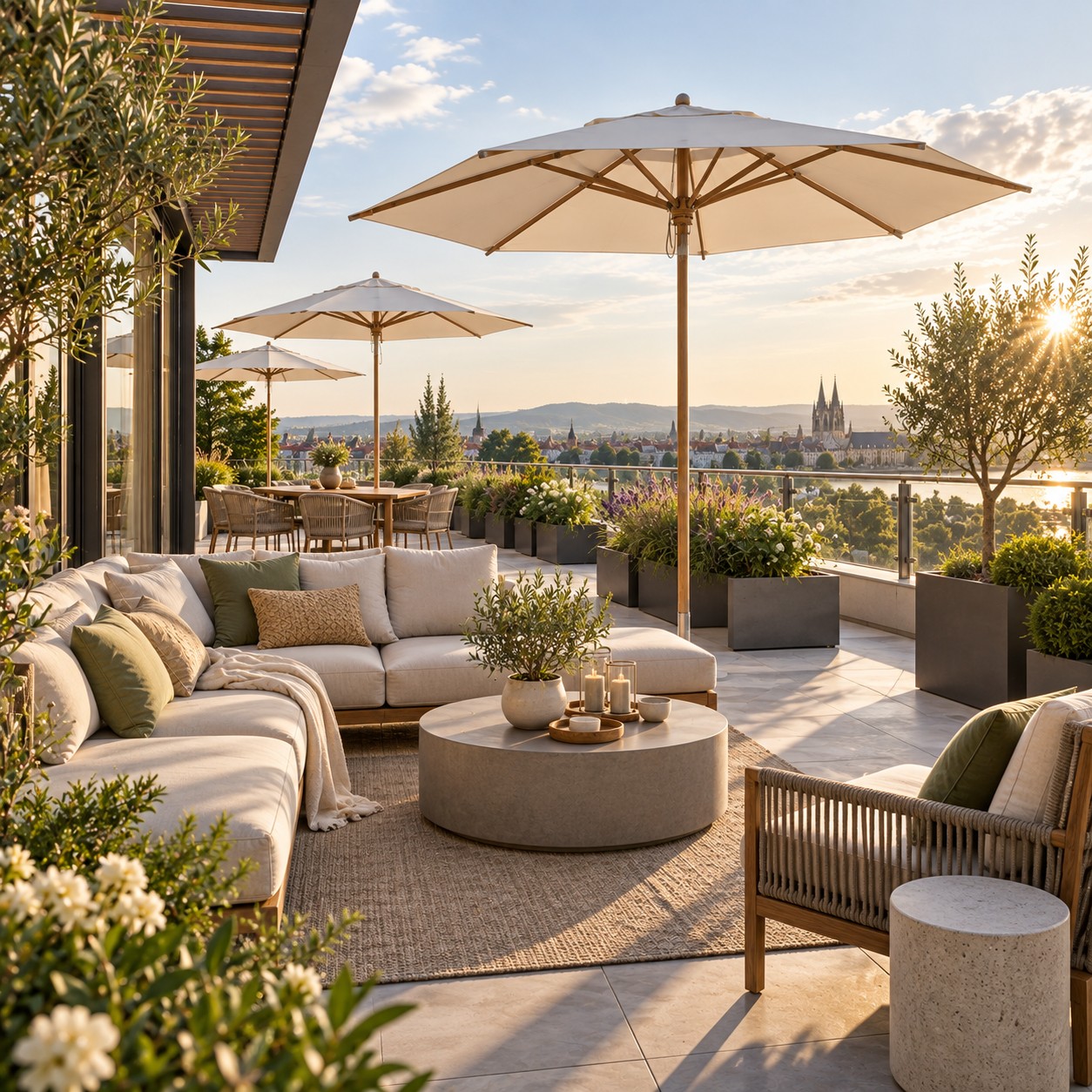 Mehrere helle Mastschirme auf einer großzügigen Dachterrasse mit Stadtblick