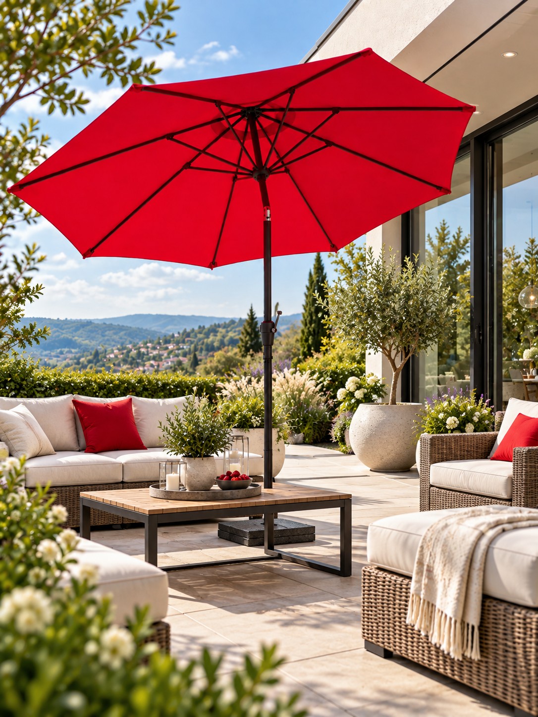 Roter Mittelstockschirm auf einer modernen, hellen Lounge-Terrasse