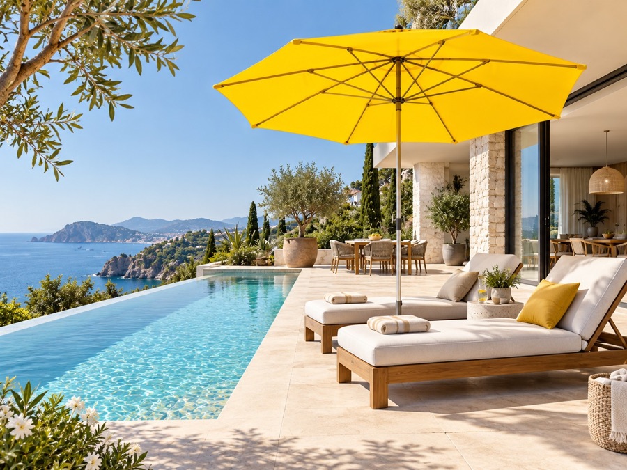 Großer gelber Mittelstockschirm auf einer hellen Poolterrasse mit Meerblick